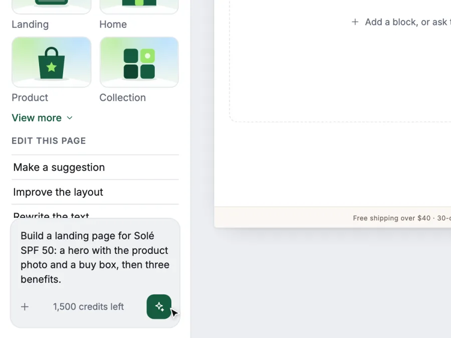 Spark's Agent tab, with a prompt for a Solé SPF 50 landing page typed into the box.