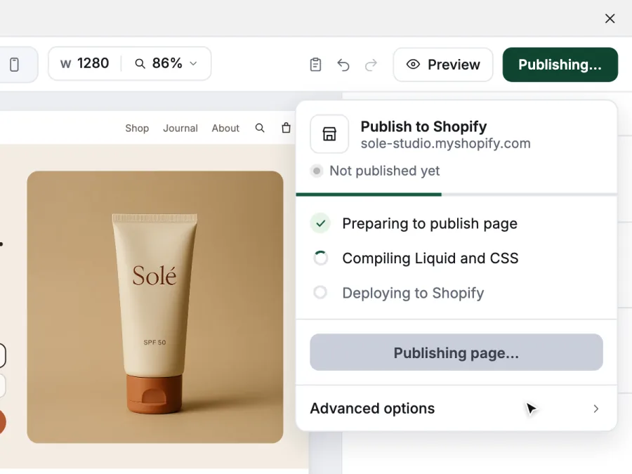 Spark's Publish to Shopify panel, compiling Liquid and CSS.
